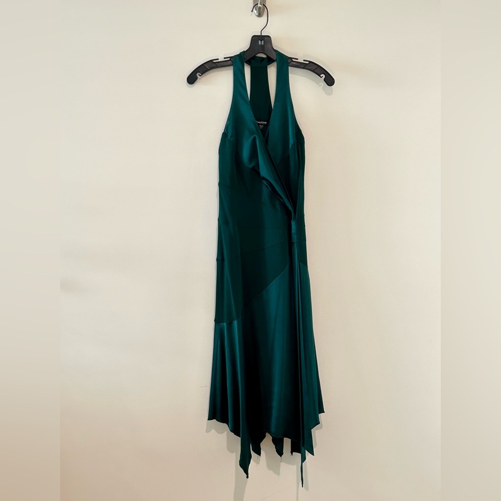 Emerald Green Asymmetrical Midi V-Neck Lined Silk Contrast Dress w/T-Strap Back